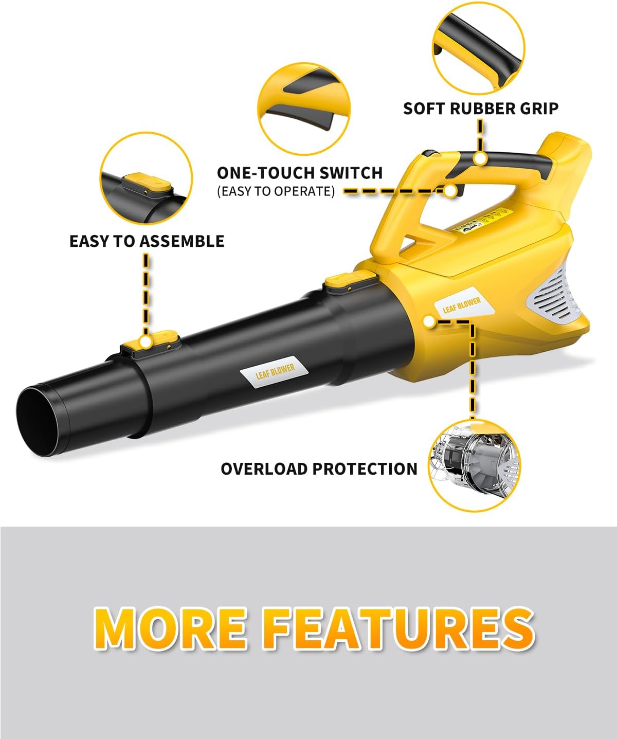 VERVEWAVE Soplador de hojas inalámbrico para batería Dewalt de 20 V máx. (sin batería), soplador de hojas eléctrico inalámbrico de hasta 500 CFM con modo de 5 velocidades, potente soplador de hojas