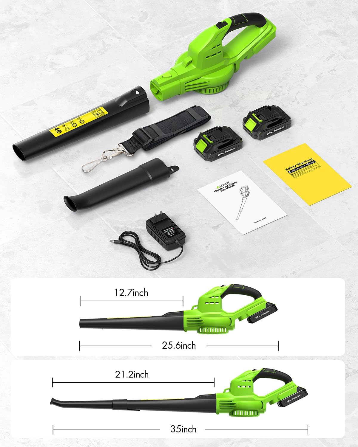 Anykit - Soplador de hojas inalámbrico – Soplador eléctrico de hojas de 20 V con batería y cargador, soplador inalámbrico ligero de mano de 2 velocidades para limpiar el patio, entrada (verde)