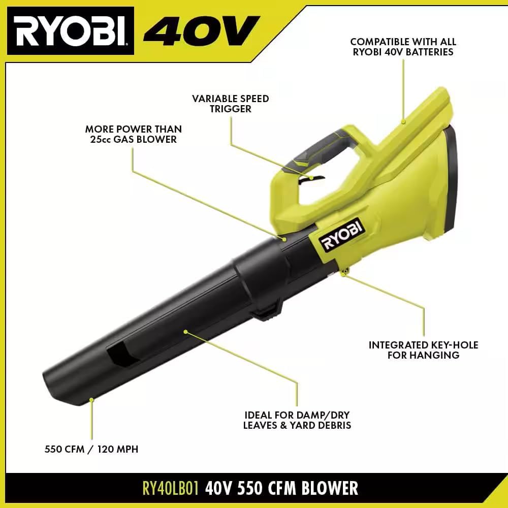 RYOBI Soplador de hojas inalámbrico de iones de litio de 40 voltios, velocidad variable, 120 MPH 550 CFM (solo herramienta); batería y cargador no incluidos, verde, RY40LB01B