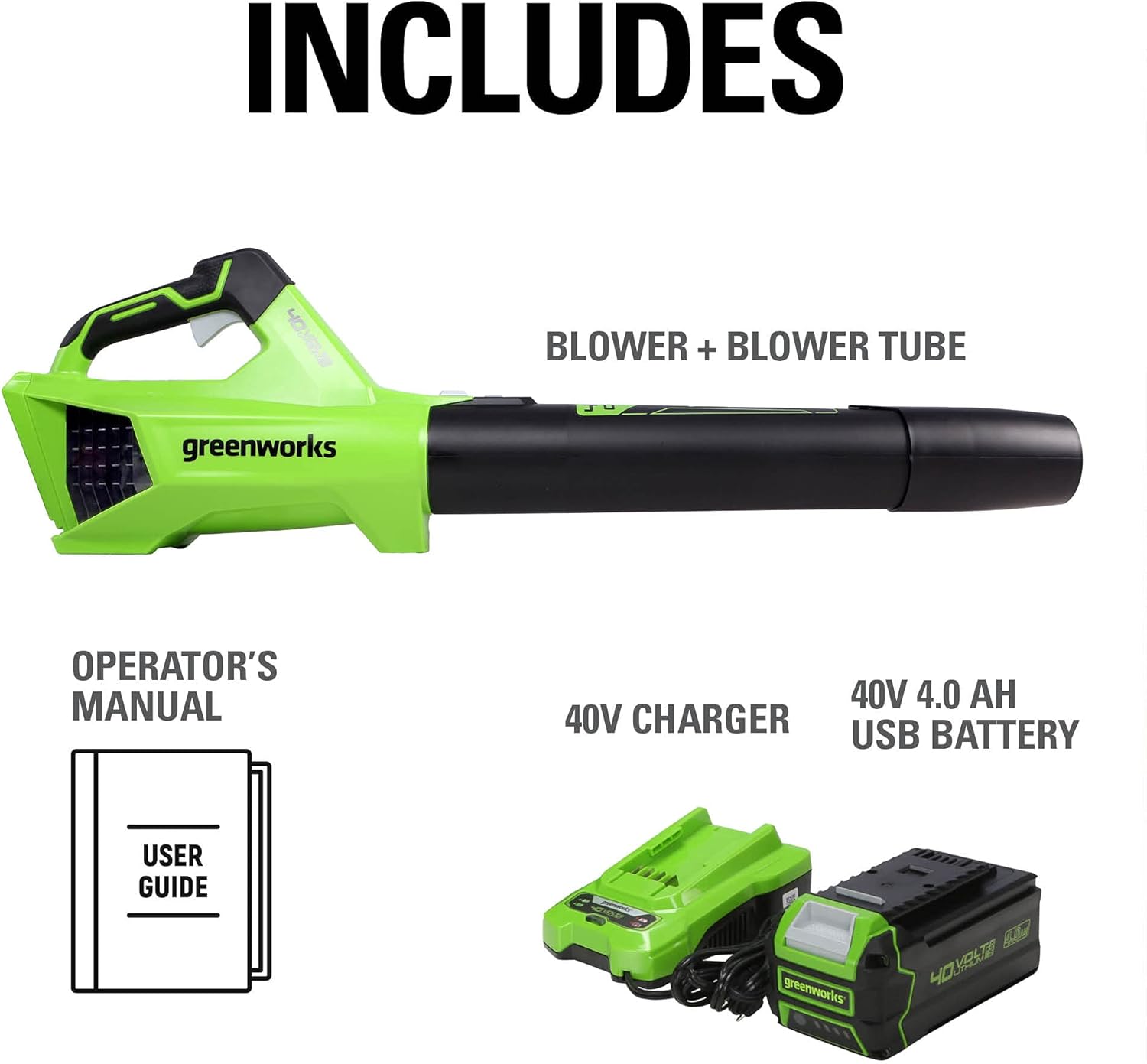 Greenworks Soplador de Hojas axial inalámbrico de 40 V (120 mph / 450 CFM / 75+ Herramientas compatibles), batería de 4.0 Ah y Cargador incluidos