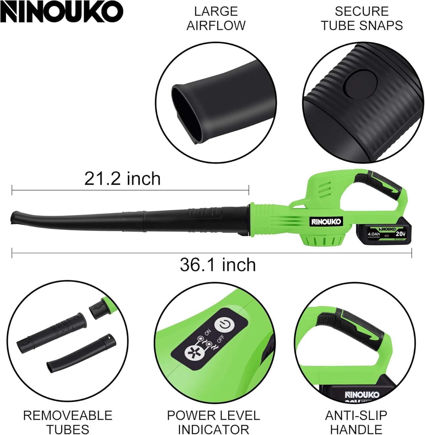 Soplador de hojas inalámbrico con batería de 4.0 Ah y cargador, soplador de hojas eléctrico inalámbrico de 150 MPH con modo de 2 velocidades, soplador de hojas alimentado por batería de 20 V para