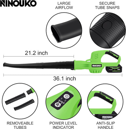 Soplador de hojas inalámbrico con batería de 4.0 Ah y cargador, soplador de hojas eléctrico inalámbrico de 150 MPH con modo de 2 velocidades, soplador de hojas alimentado por batería de 20 V para