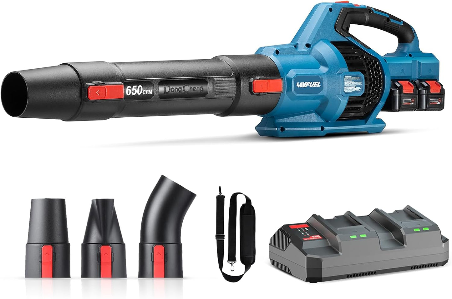 DongCheng - Soplador de hojas, 650 CFM, 40 V, inalámbrico, con 2 baterías de 4.0 Ah y cargador, ventilador de chorro de velocidad variable, soplador eléctrico de hojas sin escobillas para cuidado de