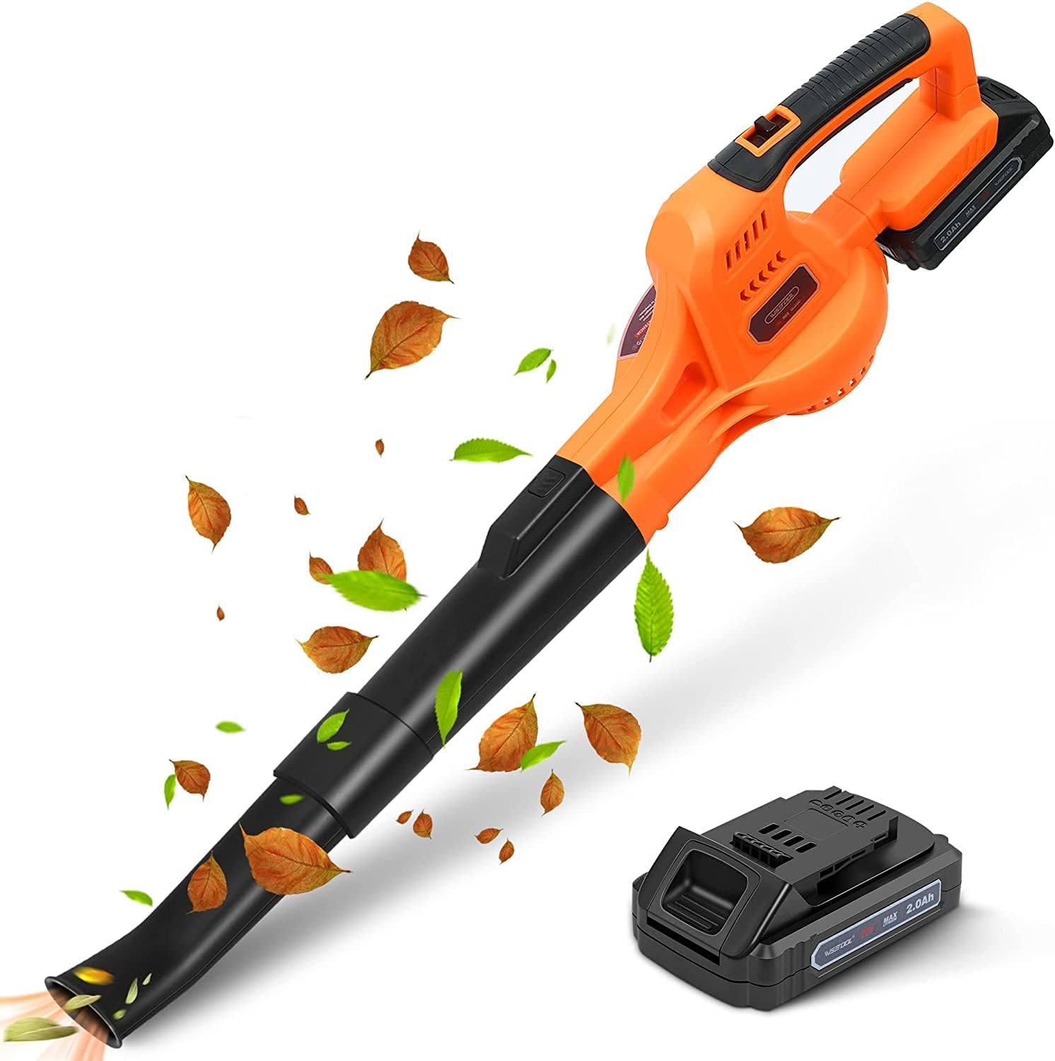WISETOOL Soplador de hojas inalámbrico de 20 V con batería y cargador, soplador de hojas funciona con pilas, soplador de hojas eléctrico recargable de mano de velocidad variable con 2 tubos para