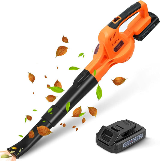 WISETOOL Soplador de hojas inalámbrico de 20 V con batería y cargador, soplador de hojas funciona con pilas, soplador de hojas eléctrico recargable de mano de velocidad variable con 2 tubos para