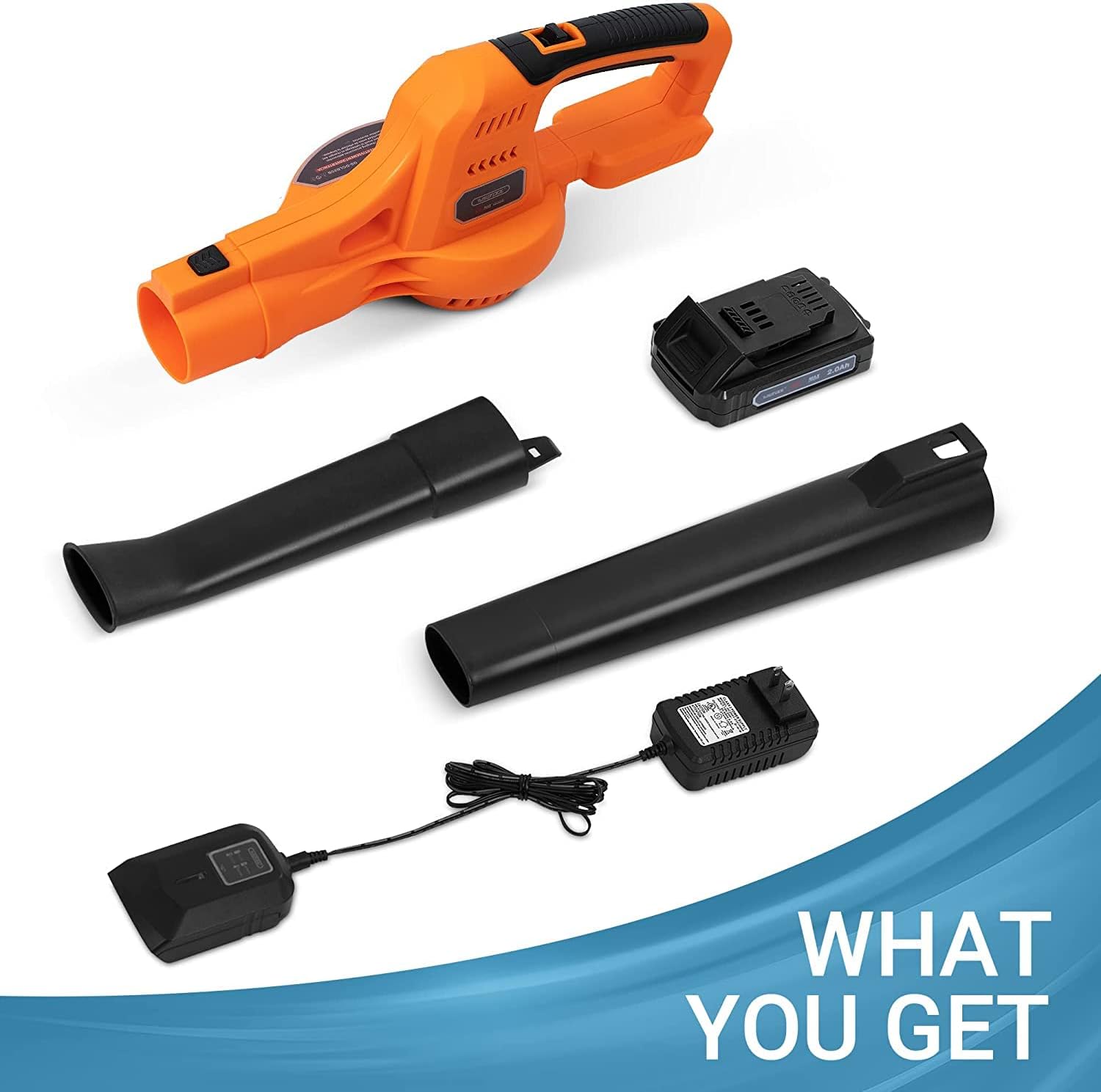 WISETOOL Soplador de hojas inalámbrico de 20 V con batería y cargador, soplador de hojas funciona con pilas, soplador de hojas eléctrico recargable de mano de velocidad variable con 2 tubos para