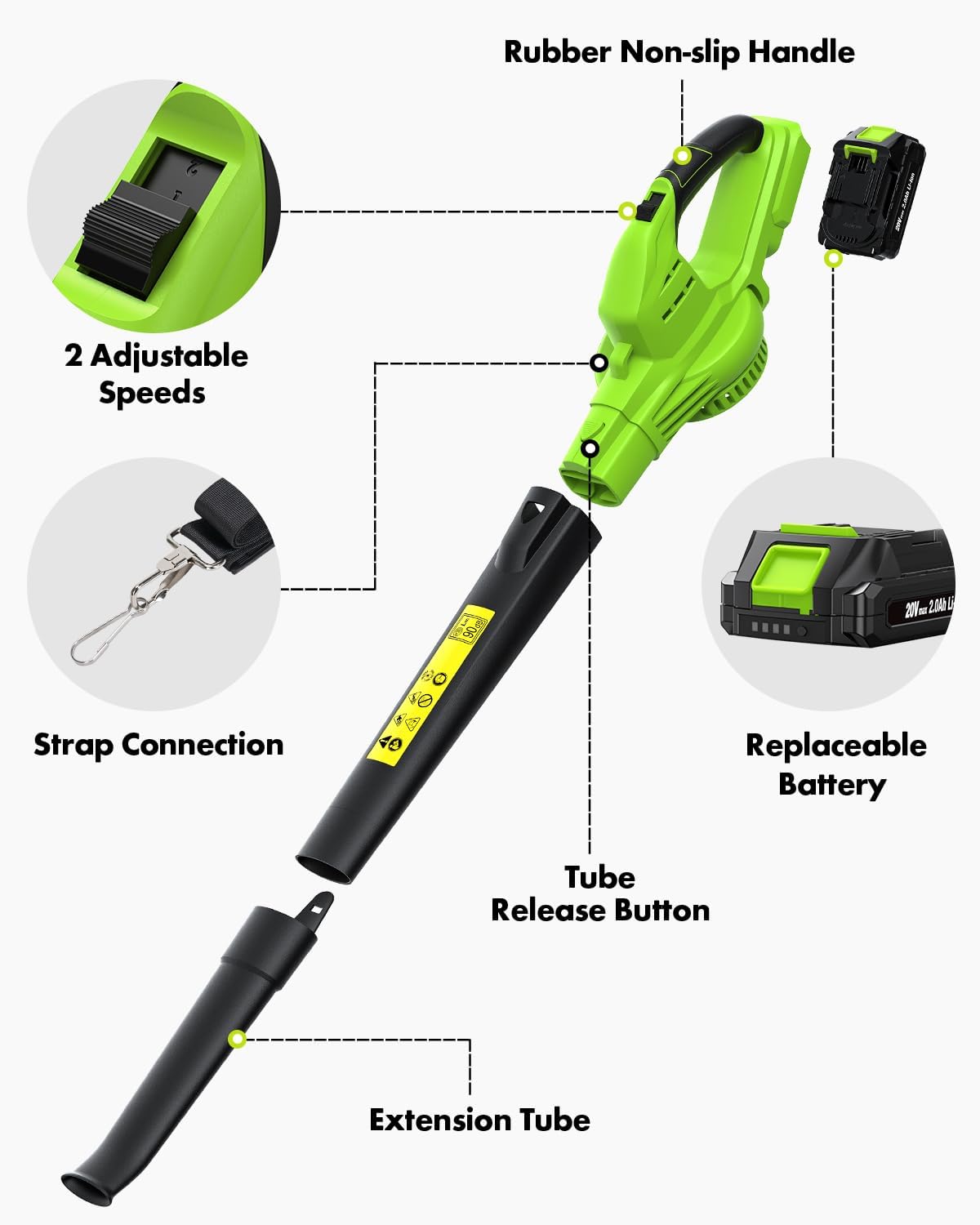 Anykit - Soplador de hojas inalámbrico – Soplador eléctrico de hojas de 20 V con batería y cargador, soplador inalámbrico ligero de mano de 2 velocidades para limpiar el patio, entrada (verde)