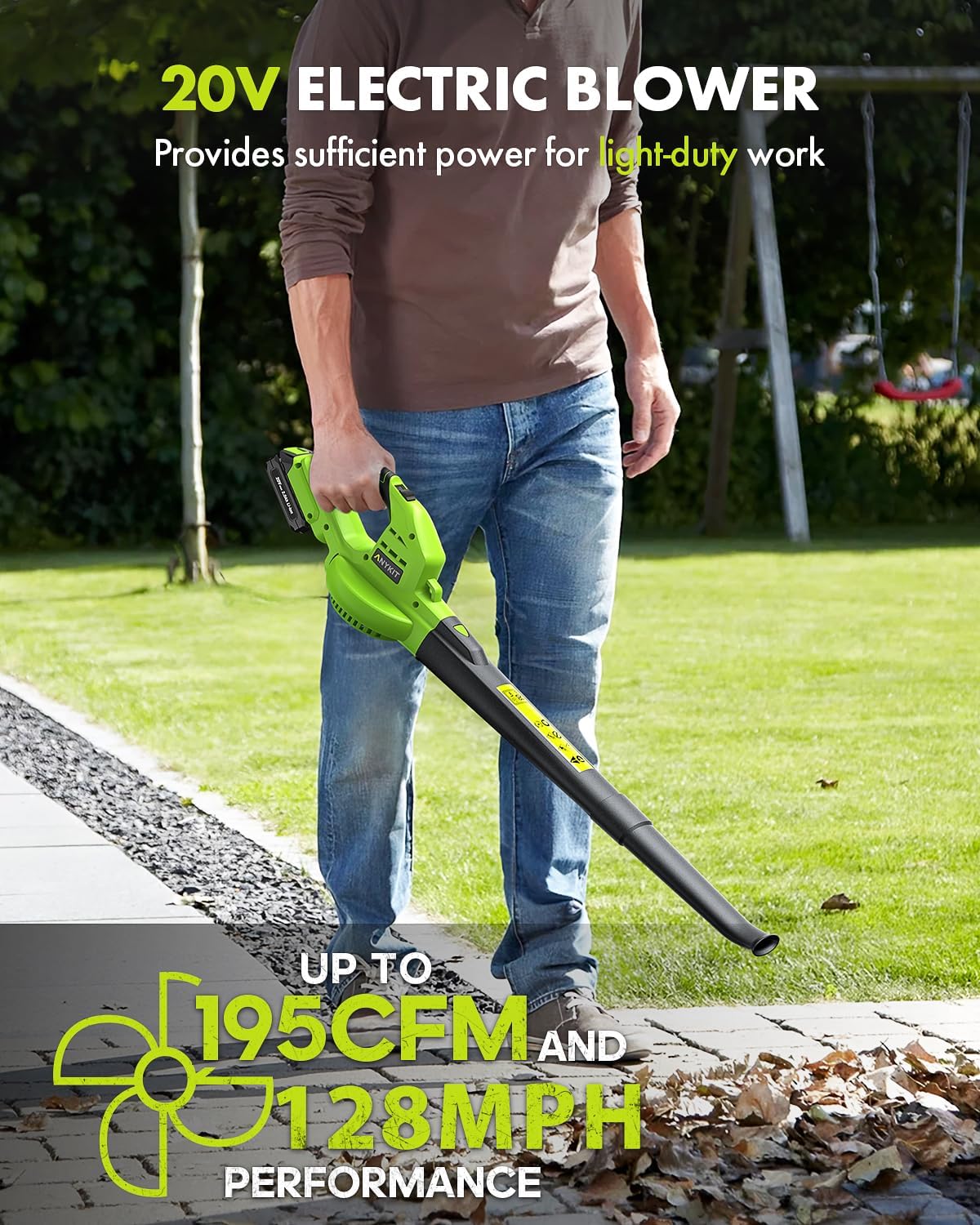 Anykit - Soplador de hojas inalámbrico – Soplador eléctrico de hojas de 20 V con batería y cargador, soplador inalámbrico ligero de mano de 2 velocidades para limpiar el patio, entrada (verde)