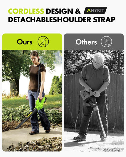 Anykit - Soplador de hojas inalámbrico – Soplador eléctrico de hojas de 20 V con batería y cargador, soplador inalámbrico ligero de mano de 2 velocidades para limpiar el patio, entrada (verde)