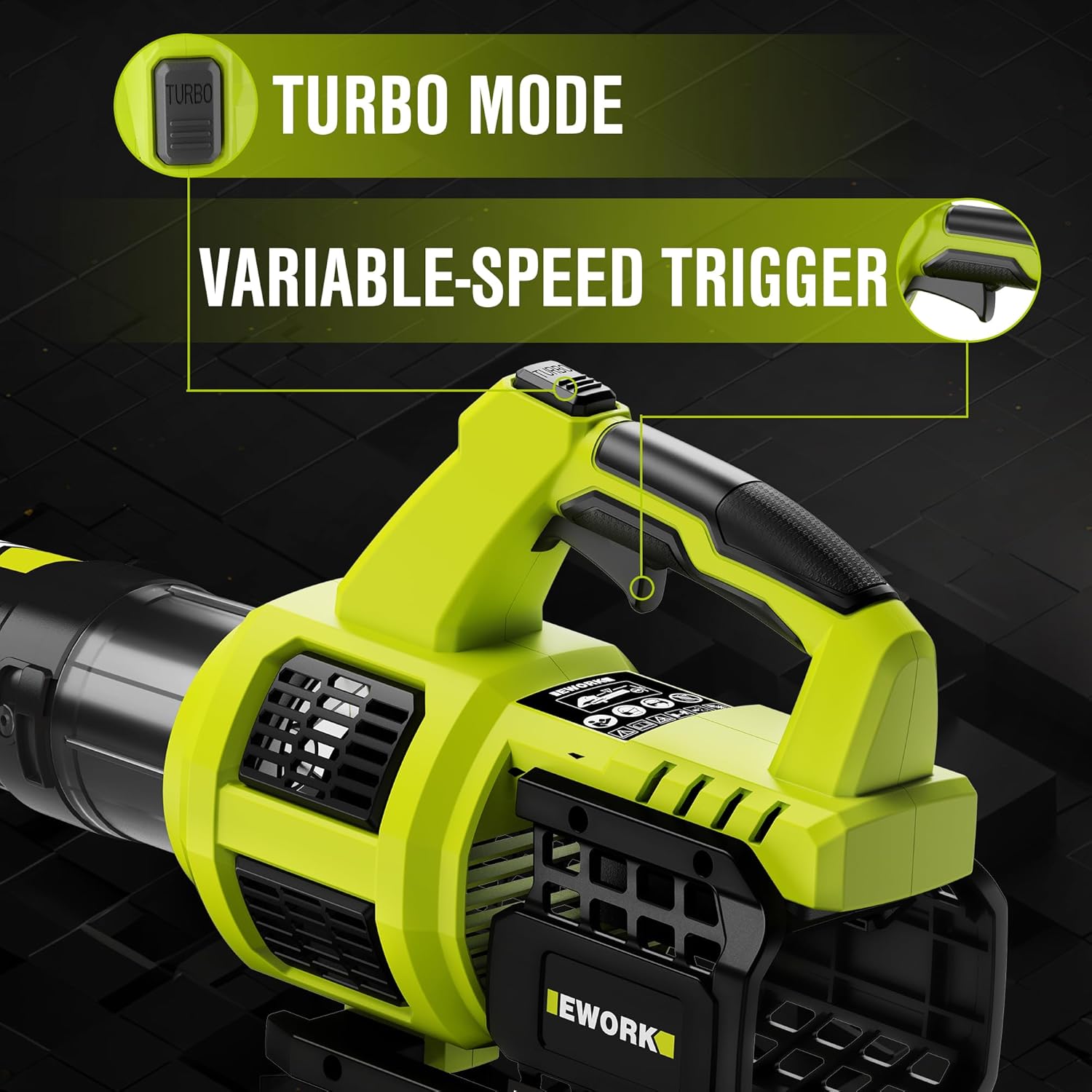 EWORK Soplador de hojas inalámbrico de 21 V eléctrico inalámbrico con (2) batería de 3.0 Ah y cargador rápido de 400 CFM velocidad variable y modo turbo, sopladores de hojas alimentados por pilas para