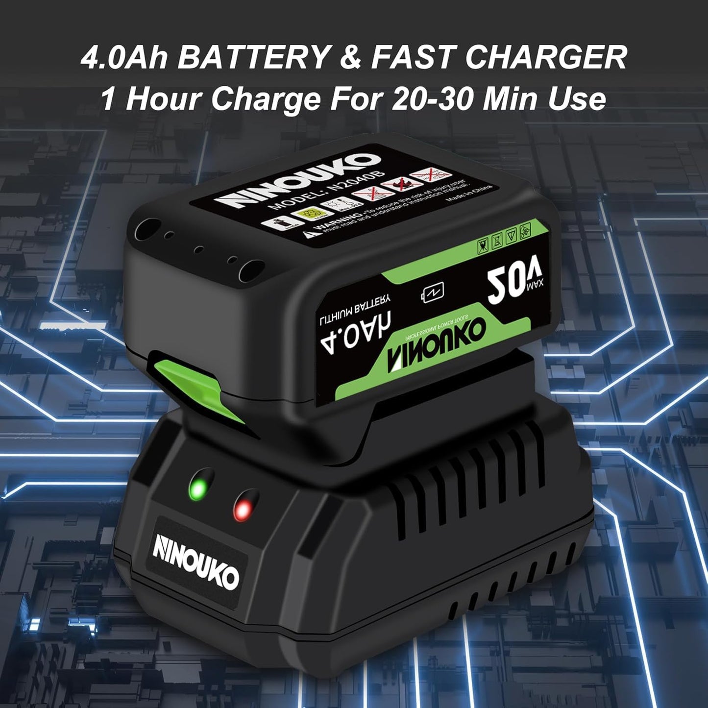 Soplador de hojas inalámbrico con batería de 4.0 Ah y cargador, soplador de hojas eléctrico inalámbrico de 150 MPH con modo de 2 velocidades, soplador de hojas alimentado por batería de 20 V para