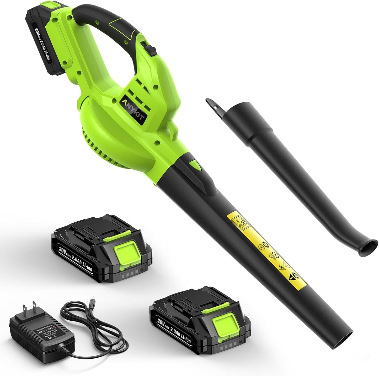 Anykit - Soplador de hojas inalámbrico – Soplador eléctrico de hojas de 20 V con batería y cargador, soplador inalámbrico ligero de mano de 2 velocidades para limpiar el patio, entrada (verde)