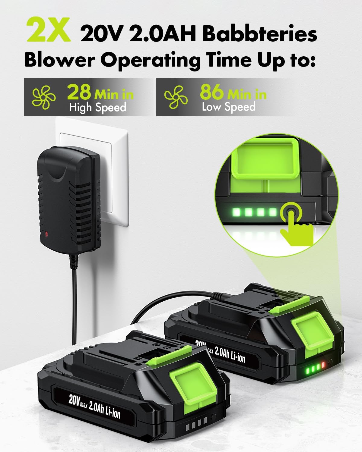 Anykit - Soplador de hojas inalámbrico – Soplador eléctrico de hojas de 20 V con batería y cargador, soplador inalámbrico ligero de mano de 2 velocidades para limpiar el patio, entrada (verde)