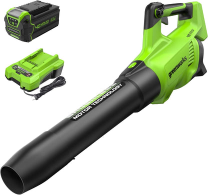 Greenworks Soplador de Hojas axial sin escobillas de 40 V (550 CFM/130 mph) con batería USB de 4 Ah y Cargador