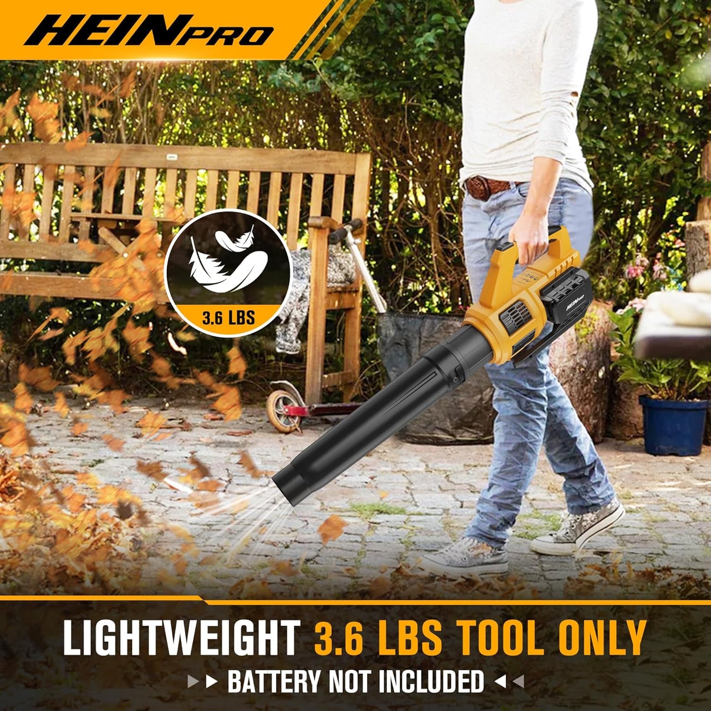 HEINPRO Soplador de hojas inalámbrico compatible con Dewalt 20 V Max batería 400 CFM soplador de hojas eléctrico, sin cable, velocidad variable, modo turbo, sopladores de hojas alimentado por batería