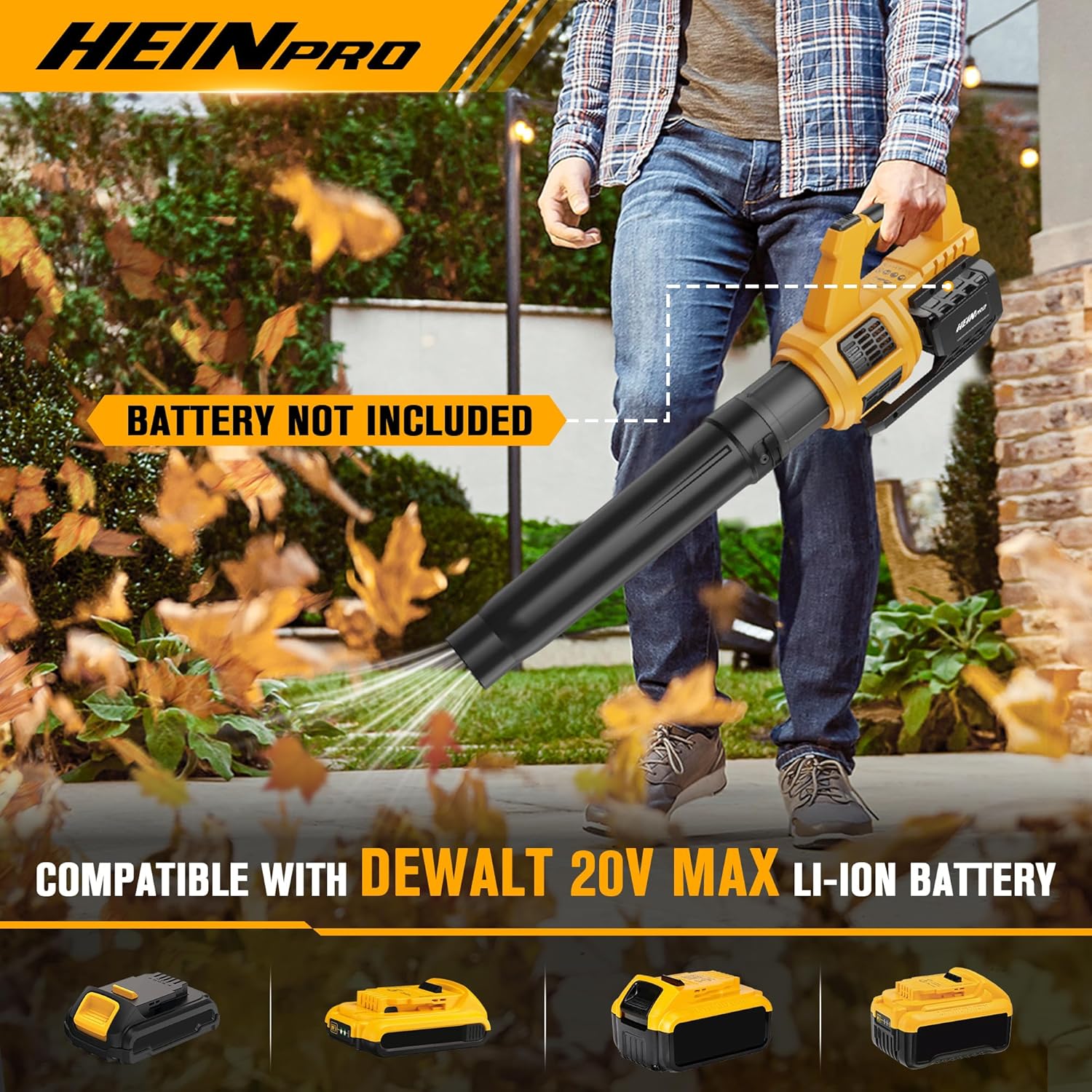 HEINPRO Soplador de hojas inalámbrico compatible con Dewalt 20 V Max batería 400 CFM soplador de hojas eléctrico, sin cable, velocidad variable, modo turbo, sopladores de hojas alimentado por batería