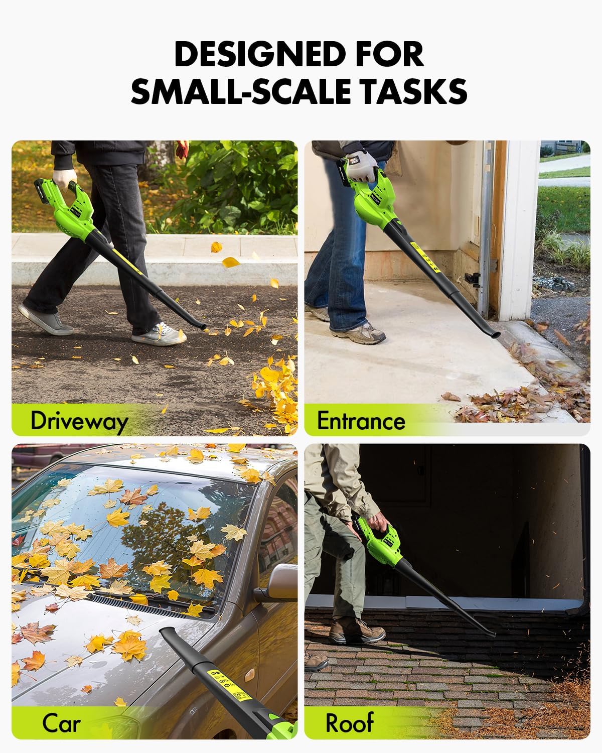 Anykit - Soplador de hojas inalámbrico – Soplador eléctrico de hojas de 20 V con batería y cargador, soplador inalámbrico ligero de mano de 2 velocidades para limpiar el patio, entrada (verde)