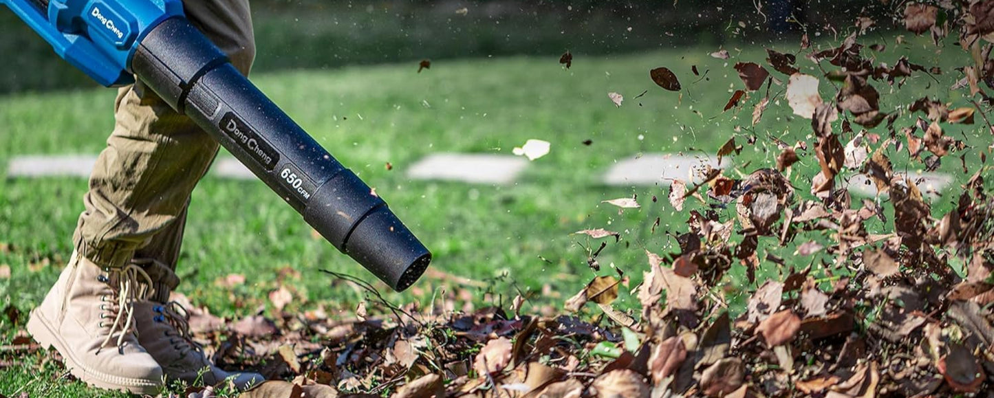 DongCheng - Soplador de hojas, 650 CFM, 40 V, inalámbrico, con 2 baterías de 4.0 Ah y cargador, ventilador de chorro de velocidad variable, soplador eléctrico de hojas sin escobillas para cuidado de
