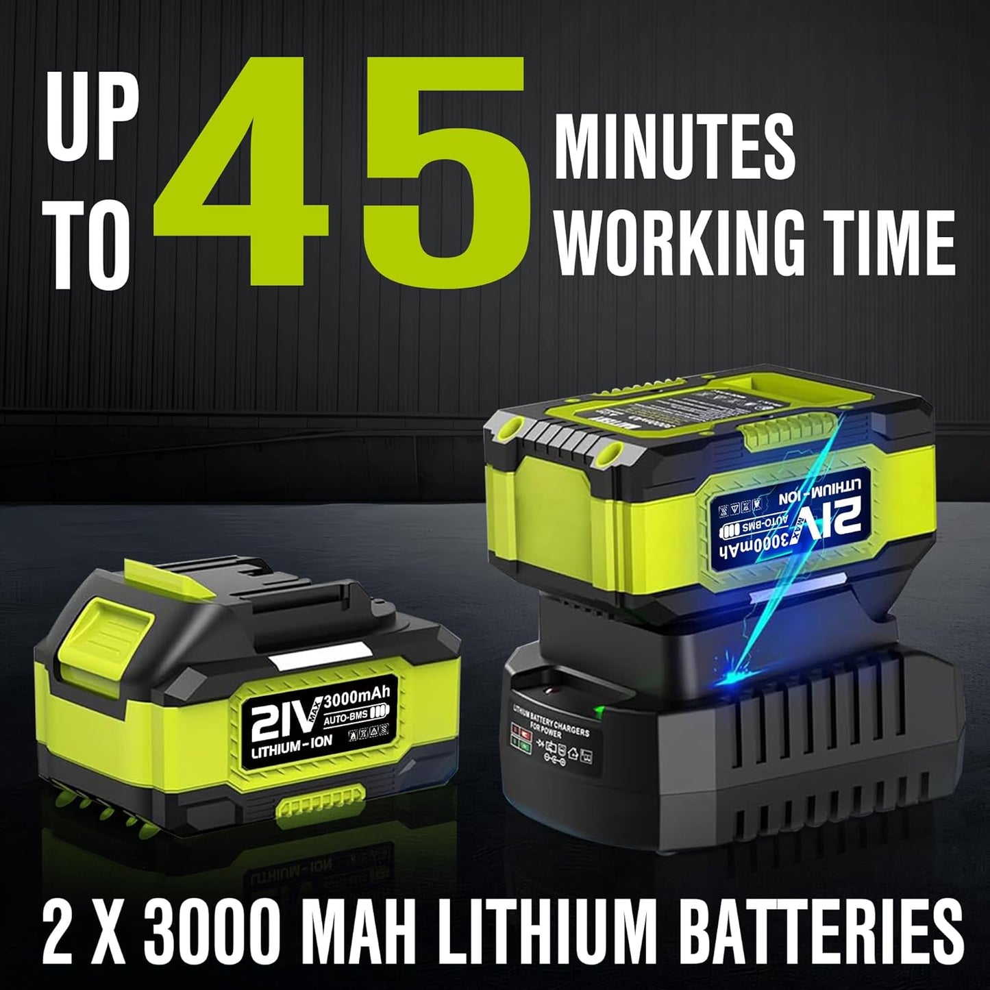 EWORK Soplador de hojas inalámbrico de 21 V eléctrico inalámbrico con (2) batería de 3.0 Ah y cargador rápido de 400 CFM velocidad variable y modo turbo, sopladores de hojas alimentados por pilas para