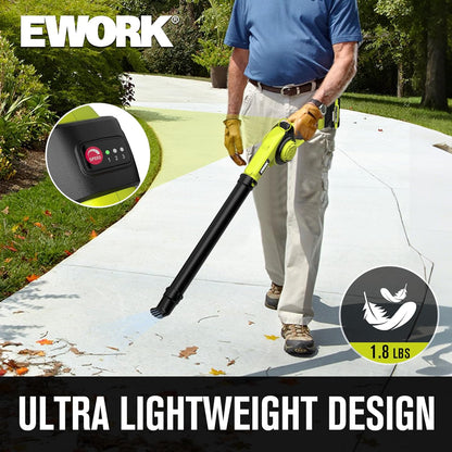 EWORK Soplador de hojas pequeñas inalámbrico de 21 V, mini soplador de hojas de 200 MPH con batería y cargador rápido, sopladores eléctricos ligeros de hojas, soplador compacto para el lugar de
