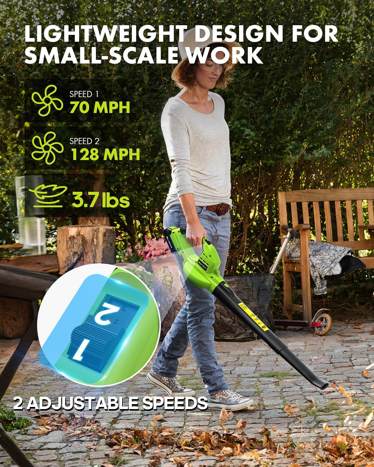 Anykit - Soplador de hojas inalámbrico – Soplador eléctrico de hojas de 20 V con batería y cargador, soplador inalámbrico ligero de mano de 2 velocidades para limpiar el patio, entrada (verde)